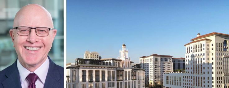 Bank OZK CEO George Gleason and a rendering of Ponce Park planned for Coral Gables, Fla.