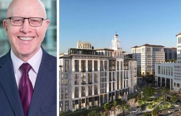 Bank OZK CEO George Gleason and a rendering of Ponce Park planned for Coral Gables, Fla.