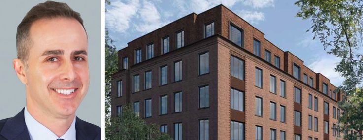 Cushman & Wakefield's Gideon Gil and a rendering of Benedict Court at 7–23 Benedict Place, Greenwich, Conn.