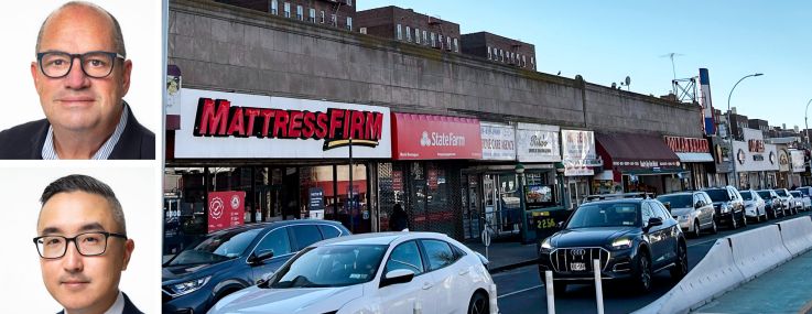 Meridian Capital's Helen Hwang (top), Thomas Donovan (center), and Eugene Kim (bottom), and 96-44 Queens Boulevard, Queens.