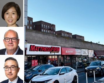Meridian Capital's Helen Hwang (top), Thomas Donovan (center), and Eugene Kim (bottom), and 96-44 Queens Boulevard, Queens.