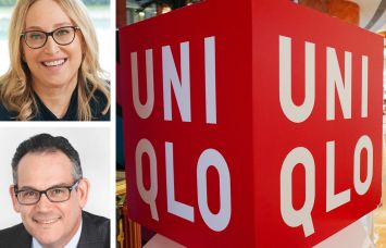 Turnberry's Jackie Soffer (top), Simon Property Group's David Simon (bottom) and a UNIQLO cube sign at one of it's stores.