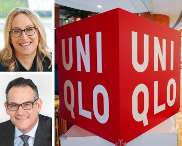 Turnberry's Jackie Soffer (top), Simon Property Group's David Simon (bottom) and a UNIQLO cube sign at one of it's stores.