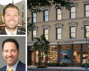 Aurora Capital Associates' Jake Bank (top) and Jared Epstein, and a rendering of Willspace at 150 Barrow Street.