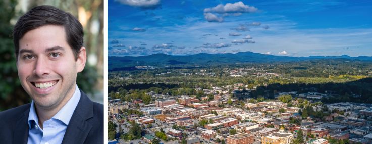 Peachtree Group's Jared Schlosser and an aerial view of Henderson, N.C.