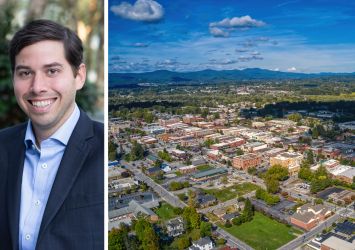 Peachtree Group's Jared Schlosser and an aerial view of Henderson, N.C.