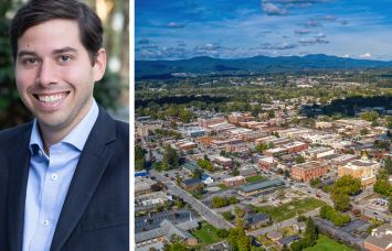 Peachtree Group's Jared Schlosser and an aerial view of Henderson, N.C.