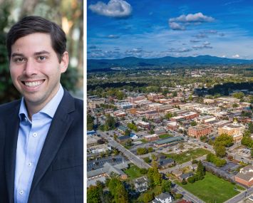 Peachtree Group's Jared Schlosser and an aerial view of Henderson, N.C.