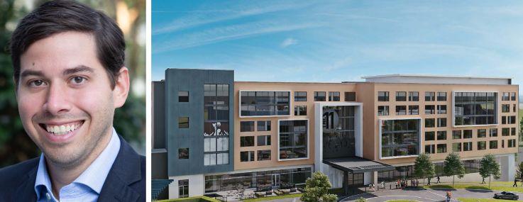 Peachtree Group's Jared Schlosser and a rendering of a planned Tapestry Collection by Hilton hotel in Canton, Ohio.