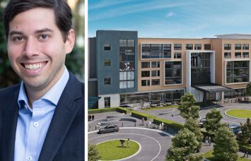Peachtree Group's Jared Schlosser and a rendering of a planned Tapestry Collection by Hilton hotel in Canton, Ohio.
