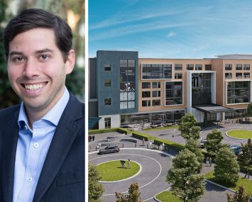 Peachtree Group's Jared Schlosser and a rendering of a planned Tapestry Collection by Hilton hotel in Canton, Ohio.