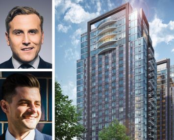 Newmark's Jordan Roeschlaub (top) and Nick Scribiani, and a rendering of The Arches at 224-228 East 135th Street, The Bronx.