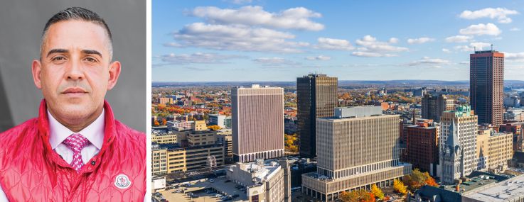 BFC Partners' Joseph Ferrara and an aerial view of Buffalo, N.Y.
