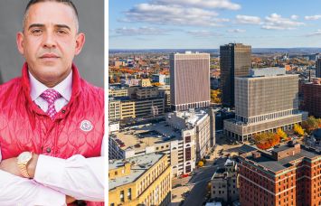 BFC Partners' Joseph Ferrara and an aerial view of Buffalo, N.Y.