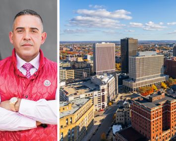 BFC Partners' Joseph Ferrara and an aerial view of Buffalo, N.Y.
