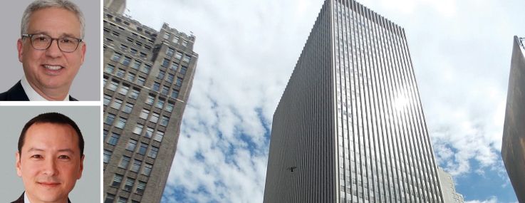 Cushman & Wakefield's Josh Kuriloff (top), Matthias Li (center) and Heather Thomas (bottom), and 1411 Broadway.