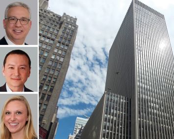Cushman & Wakefield's Josh Kuriloff (top), Matthias Li (center) and Heather Thomas (bottom), and 1411 Broadway.