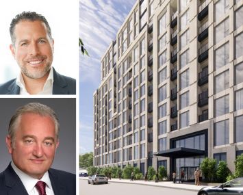 Madison Realty Capital's Josh Zegen (top), Naftali Credit Partners' Glenn Grimaldi (bottom), and a rendering of 70-28 Grand Central Parkway in Forest Hills, Queens.