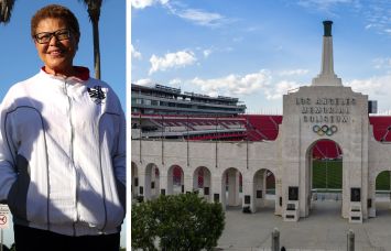 Los Angeles Mayor Karen Bass and Los Angeles Memorial Coliseum.