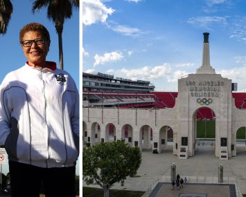 Los Angeles Mayor Karen Bass and Los Angeles Memorial Coliseum.