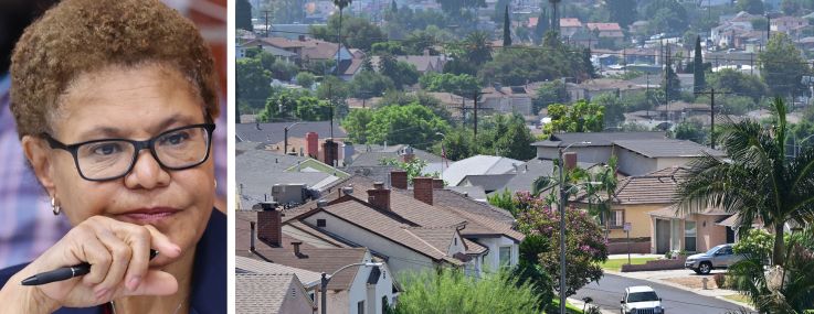 Los Angeles Mayor Karen Bass and houses in a residential neighborhood in Los Angeles.