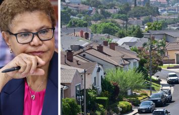 Los Angeles Mayor Karen Bass and houses in a residential neighborhood in Los Angeles.