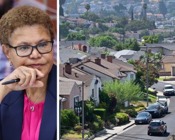 Los Angeles Mayor Karen Bass and houses in a residential neighborhood in Los Angeles.