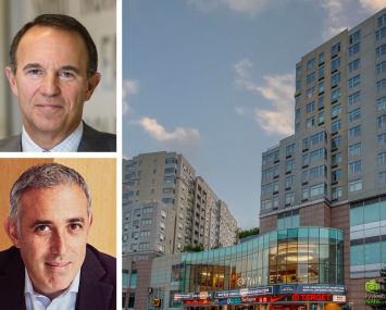 Acadia Realty's Ken Bernstein (top), TPG Angelo Gordon's Adam Schwartz (bottom), and the Shops at Skyview, Queens.