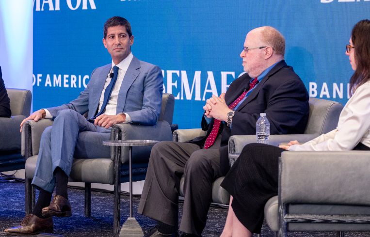 Former Federal Reserve Board member Kevin Warsh (l-r), Adam Posen, president of the Peterson Institute, and Karen Karniol-Tambour, co-CIO of Bridgewater at The Semafor 2024 World Economy Summit.