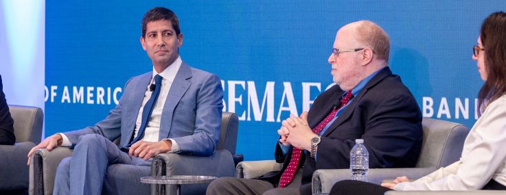Former Federal Reserve Board member Kevin Warsh (l-r), Adam Posen, president of the Peterson Institute, and Karen Karniol-Tambour, co-CIO of Bridgewater at The Semafor 2024 World Economy Summit.