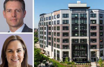 BlueGate Partners' Mark DeLillo (top), Truist Bank's Rebecca Cox (bottom), and 3 New York Avenue, Jersey City, N.J.