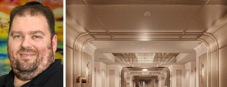 OptimumBank's Moishe Gubin and A rendering of the planned renovations to World of Blue in East Rutherford, N.J.