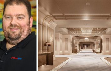 OptimumBank's Moishe Gubin and A rendering of the planned renovations to World of Blue in East Rutherford, N.J.