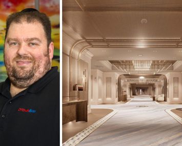 OptimumBank's Moishe Gubin and A rendering of the planned renovations to World of Blue in East Rutherford, N.J.