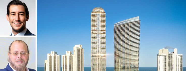 Related Group's Nick Perez (top), Dezer Development's Gil Dezer (center), BH Group's Isaac Toledano (bottom), and a rendering of 19051 Collins Avenue, Sunny Isles Beach, Fla.
