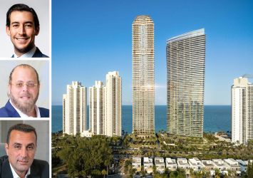 Related Group's Nick Perez (top), Dezer Development's Gil Dezer (center), BH Group's Isaac Toledano (bottom), and a rendering of 19051 Collins Avenue, Sunny Isles Beach, Fla.