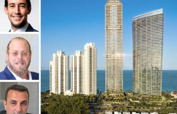 Related Group's Nick Perez (top), Dezer Development's Gil Dezer (center), BH Group's Isaac Toledano (bottom), and a rendering of 19051 Collins Avenue, Sunny Isles Beach, Fla.