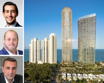 Related Group's Nick Perez (top), Dezer Development's Gil Dezer (center), BH Group's Isaac Toledano (bottom), and a rendering of 19051 Collins Avenue, Sunny Isles Beach, Fla.