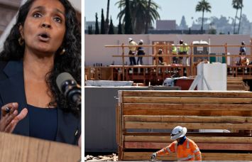 Councilmember Nithya Raman and an apartment complex under construction in Los Angeles.