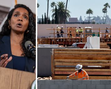Councilmember Nithya Raman and an apartment complex under construction in Los Angeles.