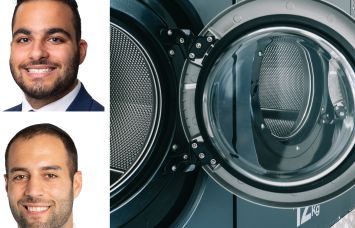 Meridian Capital Group's Noam Aziz (top) and Aaron Harounian (bottom), and a row of washing machines in a laundromat.