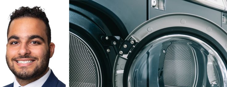 Meridian Capital Group's Noam Aziz (top) and Aaron Harounian (bottom), and a row of washing machines in a laundromat.