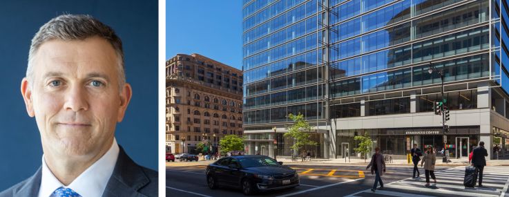 Carr Properties' Oliver Carr (top), Barings' Mike Freno (bottom) and 1401 New York Avenue NW, Washington, D.C.