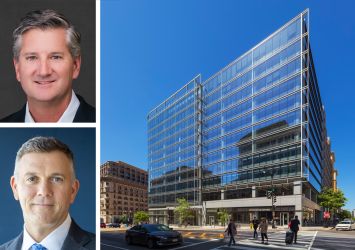Carr Properties' Oliver Carr (top), Barings' Mike Freno (bottom) and 1401 New York Avenue NW, Washington, D.C.
