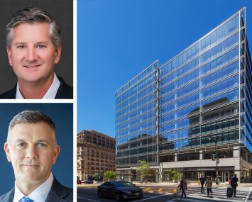 Carr Properties' Oliver Carr (top), Barings' Mike Freno (bottom) and 1401 New York Avenue NW, Washington, D.C.