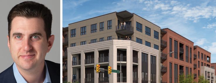 Affinius Capital's Perry Katz and a rendering of The Piazza at Ardmore planned for Ardmore, Pa.