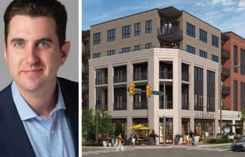Affinius Capital's Perry Katz and a rendering of The Piazza at Ardmore planned for Ardmore, Pa.