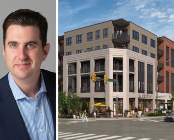 Affinius Capital's Perry Katz and a rendering of The Piazza at Ardmore planned for Ardmore, Pa.