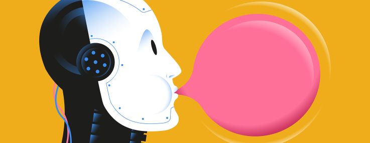 An illustration of a robot blowing a bubble with bubble gum.