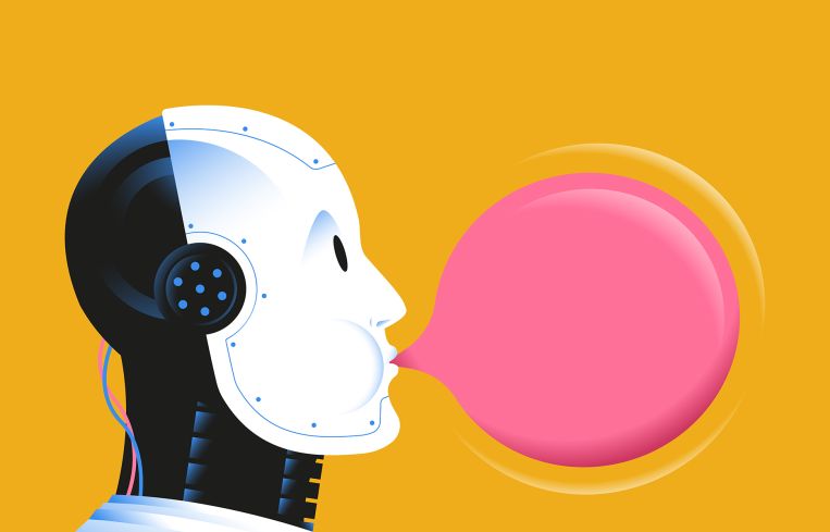 An illustration of a robot blowing a bubble with bubble gum.